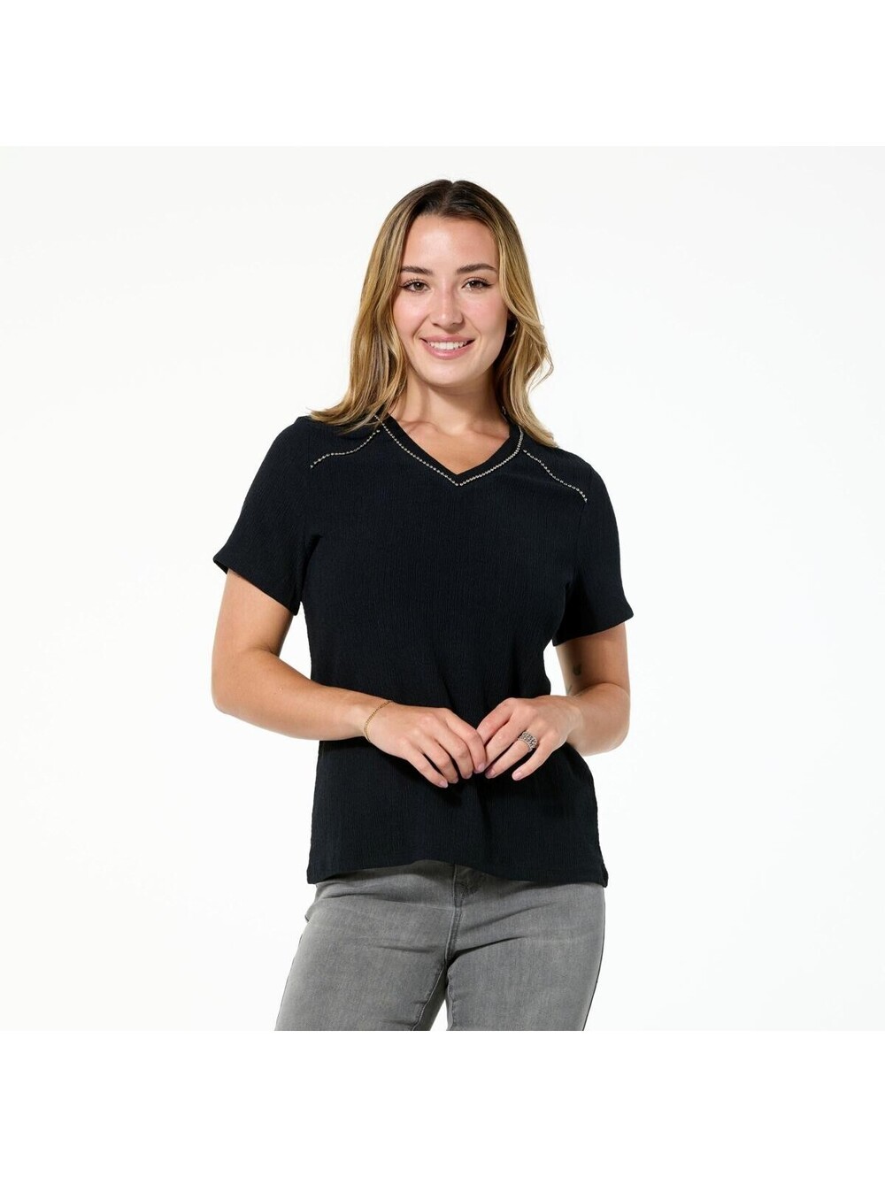 DG2 by Diane Gilman Knit Plissé V-Neck Top with Studded Trim Size L